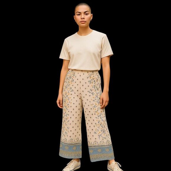 Joie 100% Linen Floral Wide Leg Pant Large Lagenlook Boho Hippie Coastal Pull On - Picture 2 of 16